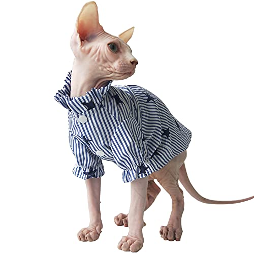 Sphynx Hairless Cat Shirt Clothes, Pet Cat Formal Wear Handsome Stripe Shirt with Detachable Tie Collar, Summer Breathable Cat Vest Apparel for Cornish Rex, Devon Rex, Peterbald (Small, Girls)