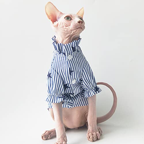 Sphynx Hairless Cat Shirt Clothes, Pet Cat Formal Wear Handsome Stripe Shirt with Detachable Tie Collar, Summer Breathable Cat Vest Apparel for Cornish Rex, Devon Rex, Peterbald (Small, Girls)