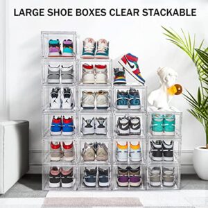 10 Pack Shoe Boxes Clear Stackable, Large Shoe Storage Boxes, Space Saving Acrylic Shoe Boxes, Foldable Shoe Container Boxes that Fits Up to Size 14 Shoes (10 Pack Transparent)