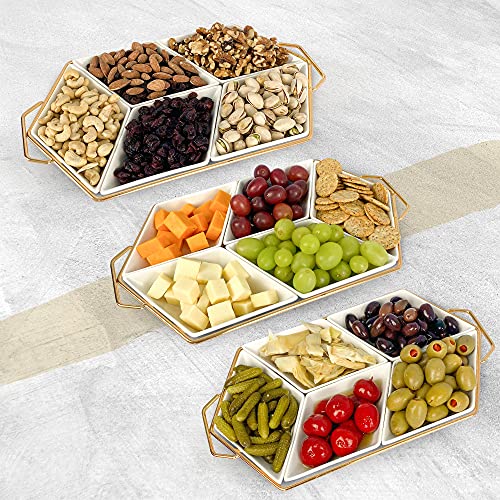 MK Crew Appetizer Serving Tray with Handles - Party Platter for Fruit, Condiments, Cheese, Veggies and Snacks White & Gold Durable Ceramic Dinnerware Set Best Gift Mom / Wife,