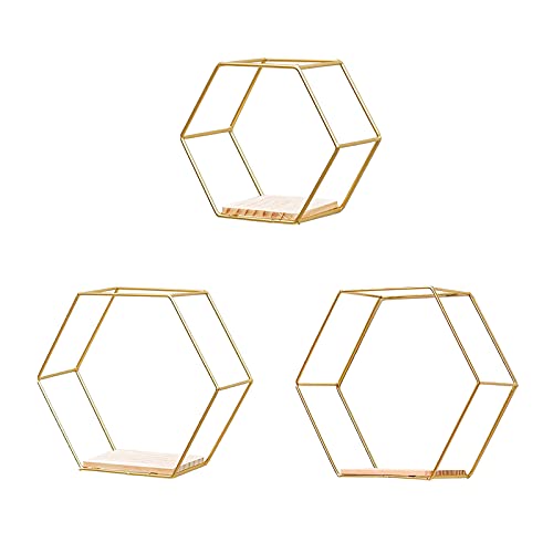 HXRZZG Hexagon Floating Shelves, Metal Wall Mounted Shelves Hexagon Rustic Farmhouse Shelves Honeycombs Shelves for Living Room Bedroom Bathroom Kitchen,Set of 3 Gold s,m,l