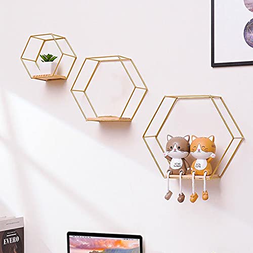 HXRZZG Hexagon Floating Shelves, Metal Wall Mounted Shelves Hexagon Rustic Farmhouse Shelves Honeycombs Shelves for Living Room Bedroom Bathroom Kitchen,Set of 3 Gold s,m,l