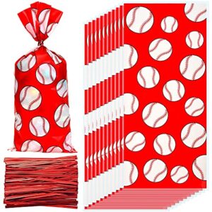 100 pieces baseball treat candy bags baseball cellophane bags baseball goody plastic bags with 200 pieces twist ties for baseball birthday party supplies decorations (red)