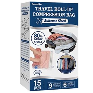 15 compression bags for travel, roll up space saver bags for travel, saves 80% of storage space, travel compression bags for packing & clothes, no pump or vacuum needed