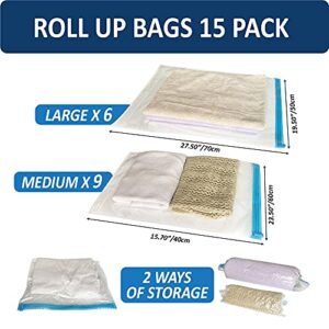 15 Compression Bags for Travel, Roll Up Space Saver Bags for Travel, Saves 80% of Storage Space, Travel Compression Bags for Packing & Clothes, No Pump or Vacuum Needed