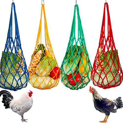 Camidy 4 Pack Chicken Feeding String Bag, Hanging Vegetable Cabbage Feeding Net Bags Snack Treat Feeding Holder Bag with Hook for Chickens Goose Duck Large Birds