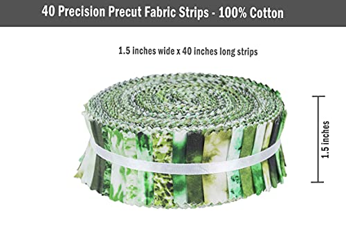 Soimoi 40Pcs Tie Dye Print Precut Fabrics Strips Roll Up 1.5x42inches Cotton Jelly Rolls for Quilting - Green