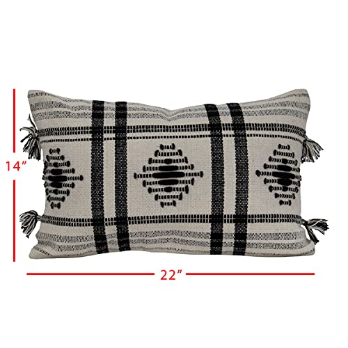 Foreside Home & Garden Black Diamond Pattern Woven 14x22 Cotton Decorative Throw Pillow with Hand Tied Tassels, 22 x 14 x 5