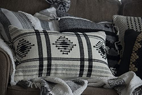 Foreside Home & Garden Black Diamond Pattern Woven 14x22 Cotton Decorative Throw Pillow with Hand Tied Tassels, 22 x 14 x 5