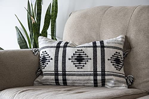 Foreside Home & Garden Black Diamond Pattern Woven 14x22 Cotton Decorative Throw Pillow with Hand Tied Tassels, 22 x 14 x 5