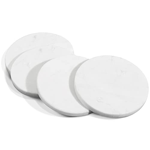 Mela Artisans Set of 4 Hand Crafted Marble Coasters - White, Round | Coffee Table Decor | Absorbent Keeping Surfaces Dry & Safe | Ideal for Wine Glasses, Water Cups or Beer Mugs