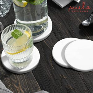 Mela Artisans Set of 4 Hand Crafted Marble Coasters - White, Round | Coffee Table Decor | Absorbent Keeping Surfaces Dry & Safe | Ideal for Wine Glasses, Water Cups or Beer Mugs