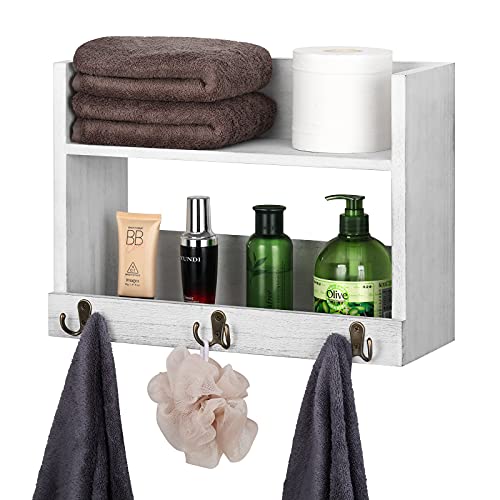 Wall Mounted Bathroom Shelf with Towel Rack 2-Tier Rustic Floating Shelves Towel Holder with 3 Hooks, Bathroom Organizer Shelves for Bathroom, Office, Living Room, Bedroom, Kitchen