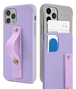 goospery slidetok compatible case with iphone 12/12 pro card holder phone finger band loop stretch grip kickstand 2 card storage dual layer protective bumper wallet cover - purple