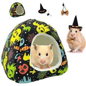 vehomy small animal halloween house hideout & costume set- hamster cave house bed nest hideout with ghost candy spider net pattern hamster witch hat bowtie for rodent chinchilla hedgehog
