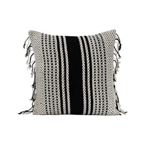 foreside home & garden black striped woven 18x18 cotton decorative throw pillow with hand tied fringe, 18 x 18 x 5