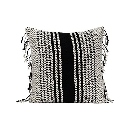 Foreside Home & Garden Black Striped Woven 18x18 Cotton Decorative Throw Pillow with Hand Tied Fringe, 18 x 18 x 5