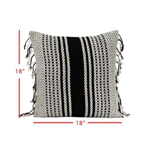 Foreside Home & Garden Black Striped Woven 18x18 Cotton Decorative Throw Pillow with Hand Tied Fringe, 18 x 18 x 5