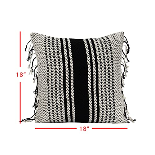 Foreside Home & Garden Black Striped Woven 18x18 Cotton Decorative Throw Pillow with Hand Tied Fringe, 18 x 18 x 5