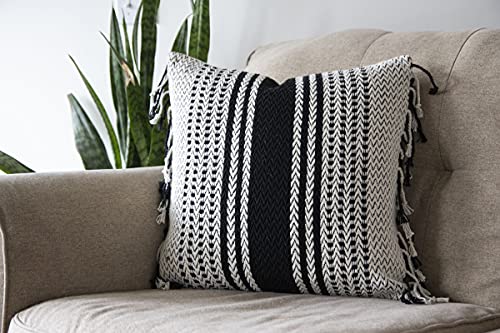 Foreside Home & Garden Black Striped Woven 18x18 Cotton Decorative Throw Pillow with Hand Tied Fringe, 18 x 18 x 5