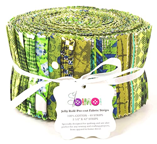 Soimoi 40Pcs Geometric & Texture Print Cotton Precut Fabrics for Quilting Craft Strips 2.5x42inches Jelly Roll - Green