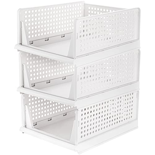 Okllen 3 Pack Stackable Storage Bins, Plastic Clothes Drawer Organizer Wardrobe Storage Box Shelf Basket, Foldable Sliding Bins for Cabinet, Laundry, Bedroom Closet, Office, White