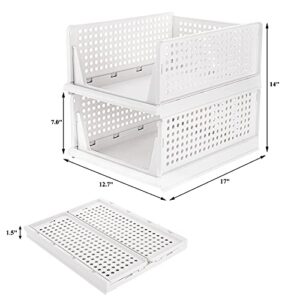 Okllen 3 Pack Stackable Storage Bins, Plastic Clothes Drawer Organizer Wardrobe Storage Box Shelf Basket, Foldable Sliding Bins for Cabinet, Laundry, Bedroom Closet, Office, White