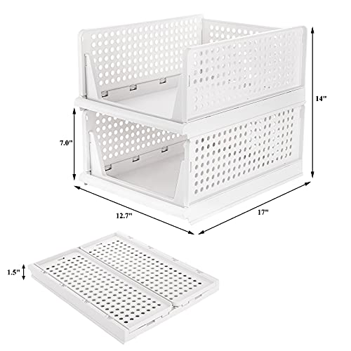 Okllen 3 Pack Stackable Storage Bins, Plastic Clothes Drawer Organizer Wardrobe Storage Box Shelf Basket, Foldable Sliding Bins for Cabinet, Laundry, Bedroom Closet, Office, White