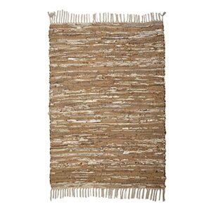 leather multi rug hand woven and hand stiched, made of genuine leather strips, fringe trim, durable, stain resistant, leather chindi rug, living room leather rug, eco friendly - beige 36x48 inch