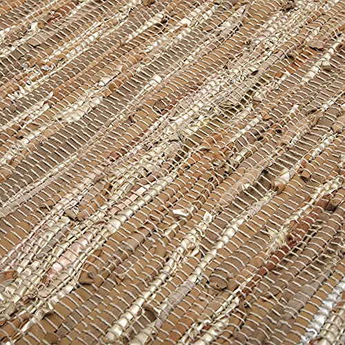 Leather Multi Rug Hand Woven and Hand Stiched, Made of Genuine Leather Strips, Fringe Trim, Durable, Stain Resistant, Leather Chindi Rug, Living Room Leather Rug, Eco Friendly - Beige 36x48 Inch