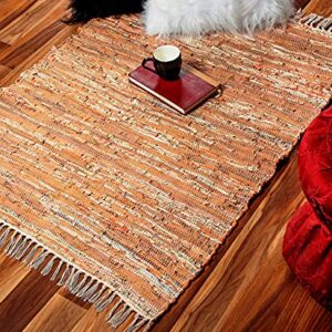 Leather Multi Rug Hand Woven and Hand Stiched, Made of Genuine Leather Strips, Fringe Trim, Durable, Stain Resistant, Leather Chindi Rug, Living Room Leather Rug, Eco Friendly - Beige 36x48 Inch