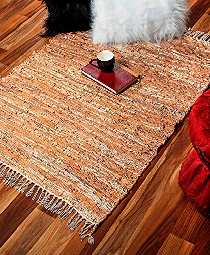 Leather Multi Rug Hand Woven and Hand Stiched, Made of Genuine Leather Strips, Fringe Trim, Durable, Stain Resistant, Leather Chindi Rug, Living Room Leather Rug, Eco Friendly - Beige 36x48 Inch