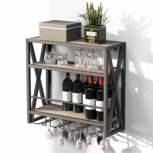 Bigbiglife Wine Racks Wall-Mounted Wine Racks with Storage Shelf, Brown Industrial Style Wall Mounted Wine Racks, Wall Wine Racks with Bottle Holder