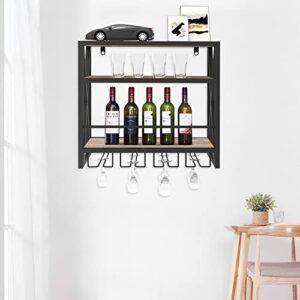 Bigbiglife Wine Racks Wall-Mounted Wine Racks with Storage Shelf, Brown Industrial Style Wall Mounted Wine Racks, Wall Wine Racks with Bottle Holder