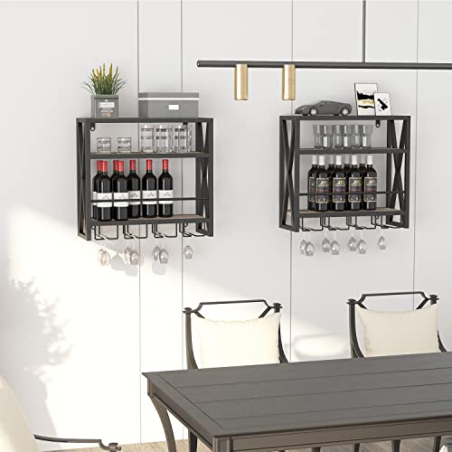 Bigbiglife Wine Racks Wall-Mounted Wine Racks with Storage Shelf, Brown Industrial Style Wall Mounted Wine Racks, Wall Wine Racks with Bottle Holder