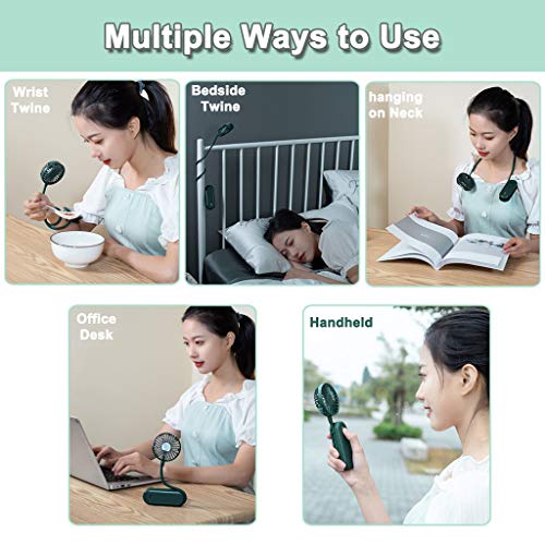 YMLHOME Portable Handheld Fan Baby Stroller Fan Neck Fan Mini Fan for Hand, Neck, Stroller, Desk - USB Rechargeable, 3 Speed Adjustable with Flexible Stand (Green)