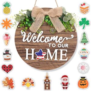 interchangeable seasonal welcome sign for front door decor, holiday welcome to our home hanging door sign for front porch 16 holiday icons farmhouse outdoor housewarming gifts christmas door decor