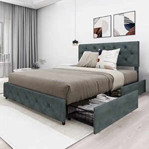wancla queen upholstered platform bed frame with 4 storage drawers/adjustable button tufted headboard/no box spring neeed/wood slat support/easy assembly/dark grey, leathaire