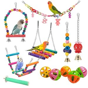bird parakeet toys,12 pack hanging bell pet bird cage hammock swing toy hanging toy for small parakeets,conure, cockatiel, mynah, love birds, finches