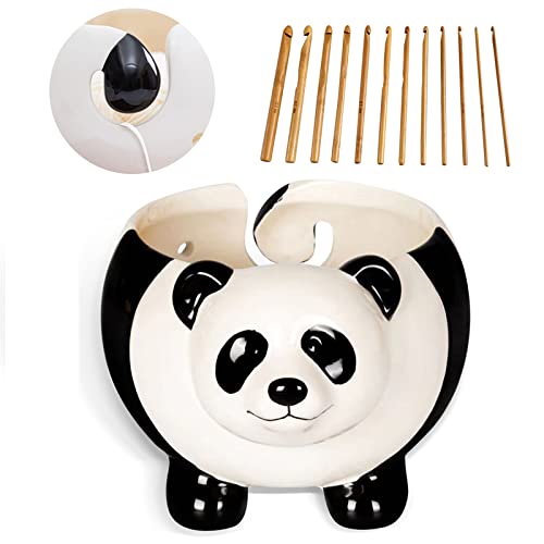 Ceramics Panda Yarn Storage Bowls with 12 pcs Bamboo Handle Crochet Hook, Cute Animal Yarn Knitting Holder Basket for Crocheting for Wool Ball, Handmade Craft Crochet Kit Organizer