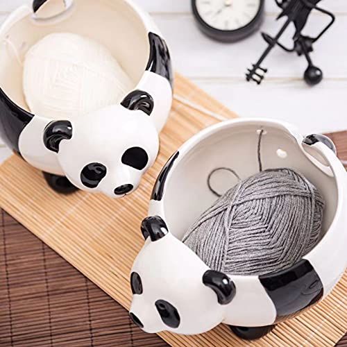 Ceramics Panda Yarn Storage Bowls with 12 pcs Bamboo Handle Crochet Hook, Cute Animal Yarn Knitting Holder Basket for Crocheting for Wool Ball, Handmade Craft Crochet Kit Organizer