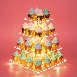 antimbee 4 tier clear acrylic cupcake stand with gold led string lights, square tower cupcake display holder