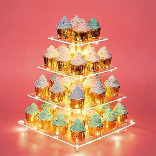 Antimbee 4 Tier Clear Acrylic Cupcake Stand with Gold LED String Lights, Square Tower Cupcake Display Holder