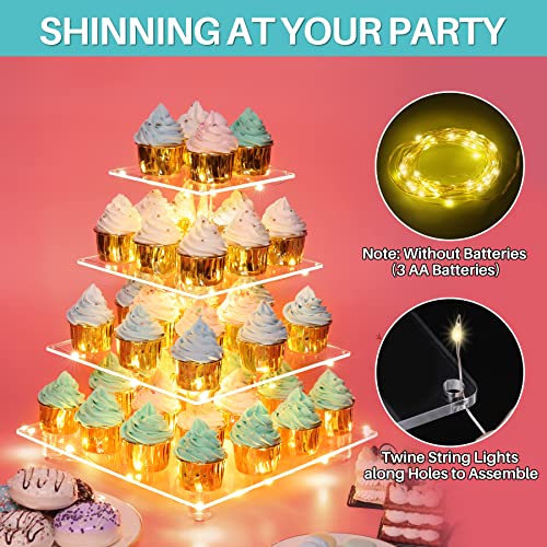 Antimbee 4 Tier Clear Acrylic Cupcake Stand with Gold LED String Lights, Square Tower Cupcake Display Holder