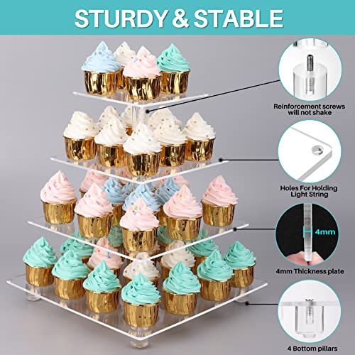 Antimbee 4 Tier Clear Acrylic Cupcake Stand with Gold LED String Lights, Square Tower Cupcake Display Holder