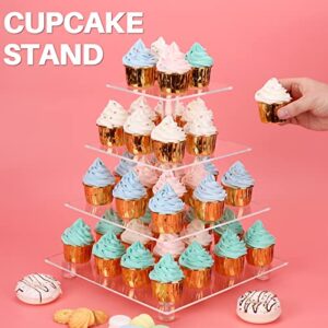 Antimbee 4 Tier Clear Acrylic Cupcake Stand with Gold LED String Lights, Square Tower Cupcake Display Holder