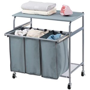alimorden laundry sorter with ironing board iron rack rolling laundry basket with side pull 3-bag heavy-duty laundry room organizer clothes hamper with 4 wheels and lid blue grey