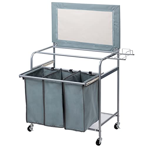 ALIMORDEN Laundry Sorter with Ironing Board Iron Rack Rolling Laundry Basket with Side pull 3-Bag Heavy-Duty Laundry Room Organizer Clothes Hamper with 4 Wheels and lid Blue Grey