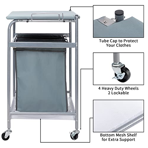 ALIMORDEN Laundry Sorter with Ironing Board Iron Rack Rolling Laundry Basket with Side pull 3-Bag Heavy-Duty Laundry Room Organizer Clothes Hamper with 4 Wheels and lid Blue Grey