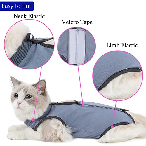 kzrfojy Cat Surgery Recovery Suit Cat Onesie for Cats After Surgery Spay Surgical Abdominal Wound Skin Diseases E-Collar Alternative Wear (Grey-Blue-M)